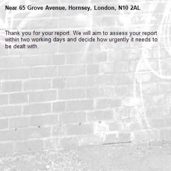 Thank you for your report. We will aim to assess your report within two working days and decide how urgently it needs to be dealt with.-65 Grove Avenue, Hornsey, London, N10 2AL