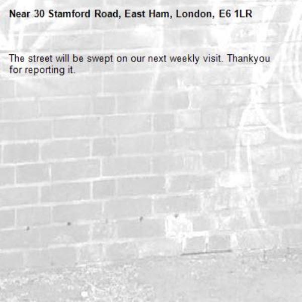 The street will be swept on our next weekly visit. Thankyou for reporting it.-30 Stamford Road, East Ham, London, E6 1LR