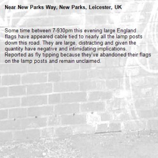 Some time between 7-930pm this evening large England flags have appeared cable tied to nearly all the lamp posts down this road. They are large, distracting and given the quantity have negative and intimidating implications. Reported as fly tipping because they've abandoned their flags on the lamp posts and remain unclaimed.-New Parks Way, New Parks, Leicester, UK