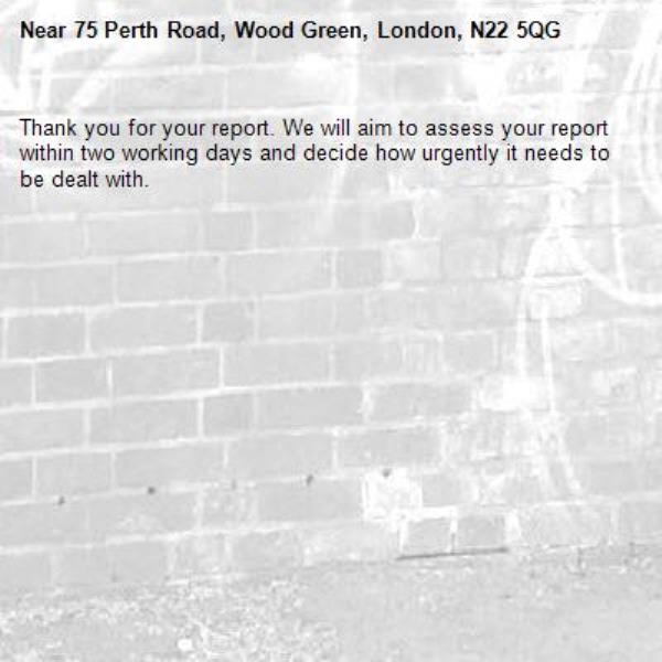 Thank you for your report. We will aim to assess your report within two working days and decide how urgently it needs to be dealt with.-75 Perth Road, Wood Green, London, N22 5QG
