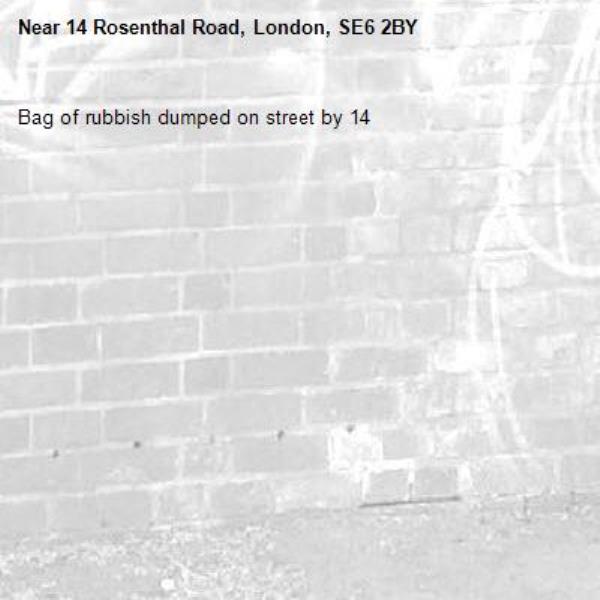Bag of rubbish dumped on street by 14-14 Rosenthal Road, London, SE6 2BY