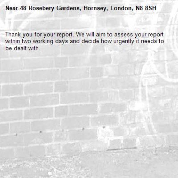 Thank you for your report. We will aim to assess your report within two working days and decide how urgently it needs to be dealt with.-48 Rosebery Gardens, Hornsey, London, N8 8SH