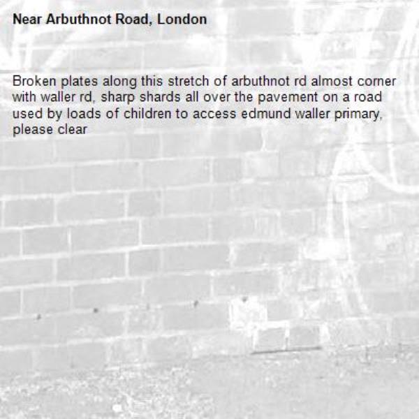 Broken plates along this stretch of arbuthnot rd almost corner with waller rd, sharp shards all over the pavement on a road used by loads of children to access edmund waller primary, please clear-Arbuthnot Road, London