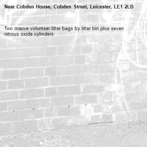 Two mauve volunteer litter bags by litter bin plus seven nitrous oxide cylinders -Cobden House, Cobden Street, Leicester, LE1 2LB