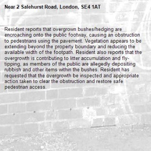 Resident reports that overgrown bushes/hedging are encroaching onto the public footway, causing an obstruction to pedestrians using the pavement. Vegetation appears to be extending beyond the property boundary and reducing the available width of the footpath. Resident also reports that the overgrowth is contributing to litter accumulation and fly-tipping, as members of the public are allegedly depositing rubbish and other items within the bushes. Resident has requested that the overgrowth be inspected and appropriate action taken to clear the obstruction and restore safe pedestrian access.-2 Salehurst Road, London, SE4 1AT