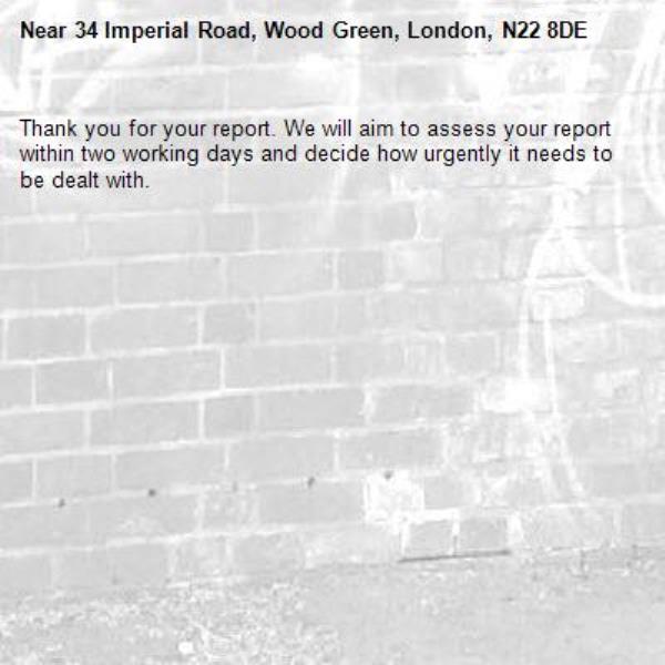 Thank you for your report. We will aim to assess your report within two working days and decide how urgently it needs to be dealt with.-34 Imperial Road, Wood Green, London, N22 8DE
