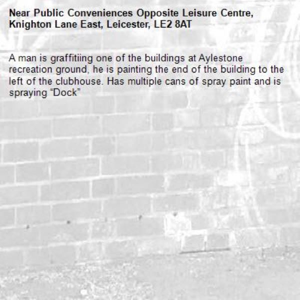 A man is graffitiing one of the buildings at Aylestone recreation ground, he is painting the end of the building to the left of the clubhouse. Has multiple cans of spray paint and is spraying “Dock”-Public Conveniences Opposite Leisure Centre, Knighton Lane East, Leicester, LE2 8AT