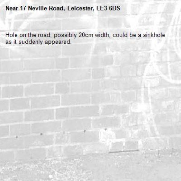 Hole on the road, possibly 20cm width, could be a sinkhole as it suddenly appeared. -17 Neville Road, Leicester, LE3 6DS