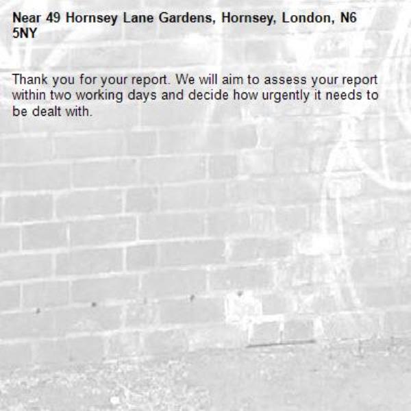 Thank you for your report. We will aim to assess your report within two working days and decide how urgently it needs to be dealt with.-49 Hornsey Lane Gardens, Hornsey, London, N6 5NY