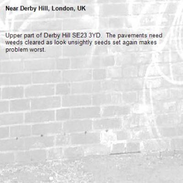 Upper part of Derby Hill SE23 3YD.  The pavements need weeds cleared as look unsightly seeds set again makes problem worst.-Derby Hill, London, UK