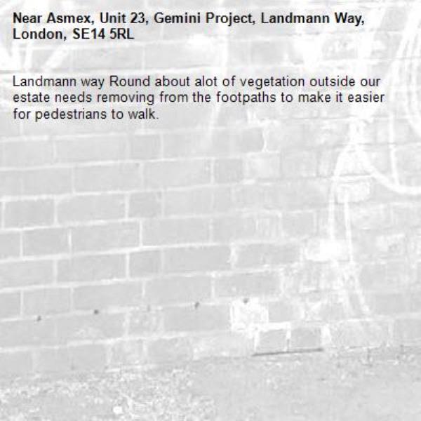 Landmann way Round about alot of vegetation outside our estate needs removing from the footpaths to make it easier for pedestrians to walk. -Asmex, Unit 23, Gemini Project, Landmann Way, London, SE14 5RL