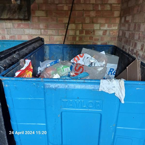 Missed bin collection Welland Court Sheltered Housing Scheme. Please can Residential Services have bins emptied ASAP bins are full.-12 Oakham Close, London, SE6 4LQ