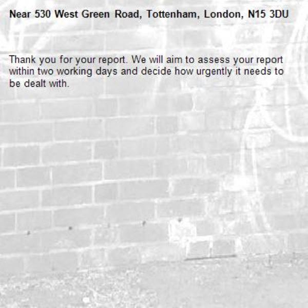 Thank you for your report. We will aim to assess your report within two working days and decide how urgently it needs to be dealt with.-530 West Green Road, Tottenham, London, N15 3DU