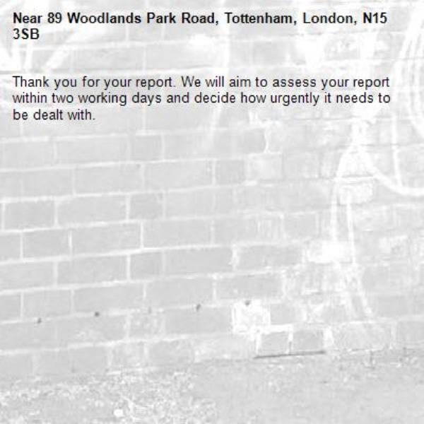 Thank you for your report. We will aim to assess your report within two working days and decide how urgently it needs to be dealt with.-89 Woodlands Park Road, Tottenham, London, N15 3SB