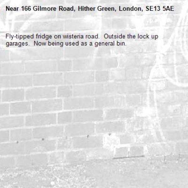Fly-tipped fridge on wisteria road.  Outside the lock up garages.  Now being used as a general bin.  -166 Gilmore Road, Hither Green, London, SE13 5AE