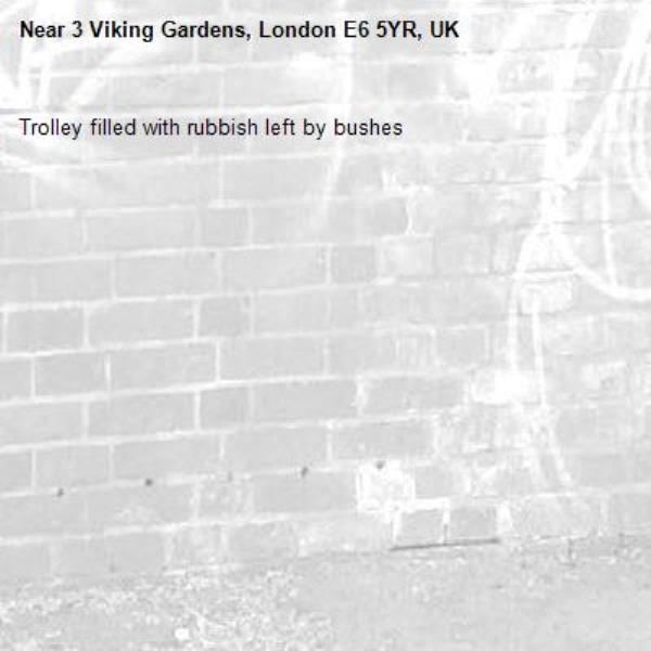 Trolley filled with rubbish left by bushes-3 Viking Gardens, London E6 5YR, UK