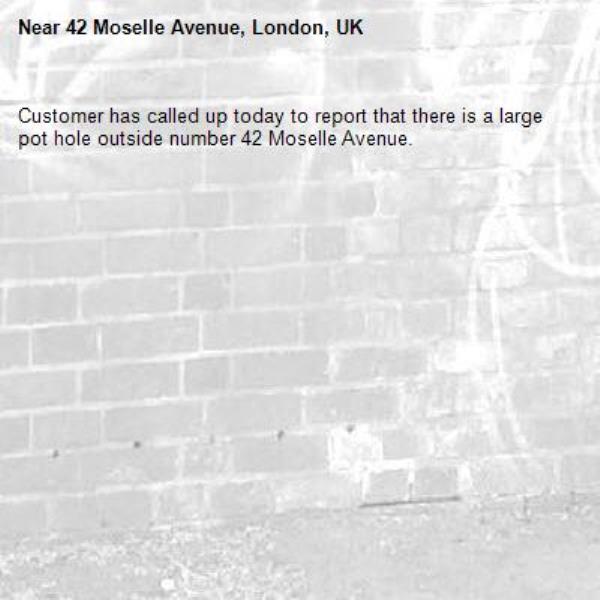 Customer has called up today to report that there is a large pot hole outside number 42 Moselle Avenue. -42 Moselle Avenue, London, UK