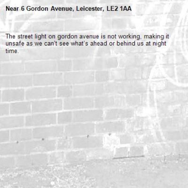 The street light on gordon avenue is not working, making it unsafe as we can’t see what’s ahead or behind us at night time.-6 Gordon Avenue, Leicester, LE2 1AA