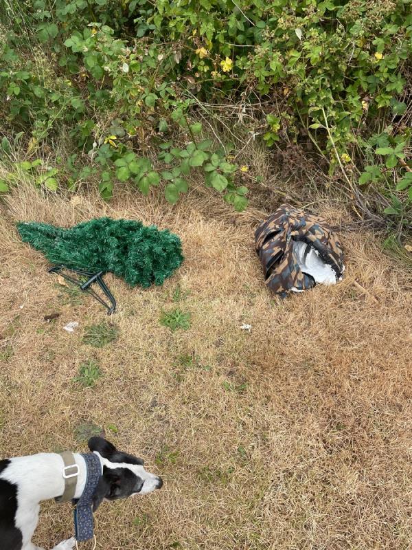 Assorted rubbish dumped between basketball pitch and running track Ladywell fields -118a Albacore Crescent, Lewisham, SE13 7HP