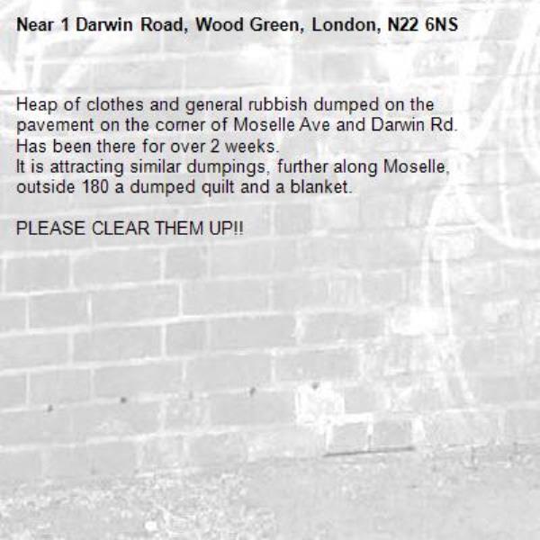 Heap of clothes and general rubbish dumped on the pavement on the corner of Moselle Ave and Darwin Rd.
Has been there for over 2 weeks.
It is attracting similar dumpings, further along Moselle, outside 180 a dumped quilt and a blanket.

PLEASE CLEAR THEM UP!!-1 Darwin Road, Wood Green, London, N22 6NS