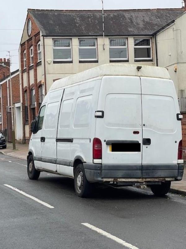 White Vauxhall van has been abandoned on this sterret for at least 6 months. According to DVLA this has no MOT. -9 Kempson Road, Leicester, LE2 8AN