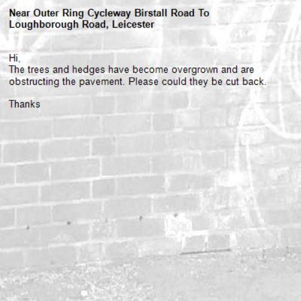 Hi,
The trees and hedges have become overgrown and are obstructing the pavement. Please could they be cut back.

Thanks -Outer Ring Cycleway Birstall Road To Loughborough Road, Leicester