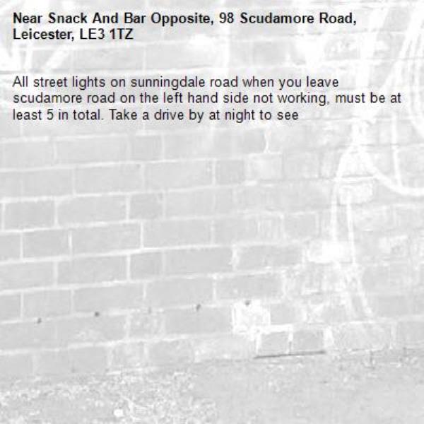 All street lights on sunningdale road when you leave scudamore road on the left hand side not working, must be at least 5 in total. Take a drive by at night to see -Snack And Bar Opposite, 98 Scudamore Road, Leicester, LE3 1TZ