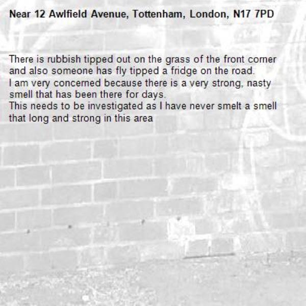 There is rubbish tipped out on the grass of the front corner and also someone has fly tipped a fridge on the road. 
I am very concerned because there is a very strong, nasty smell that has been there for days.
This needs to be investigated as I have never smelt a smell that long and strong in this area-12 Awlfield Avenue, Tottenham, London, N17 7PD
