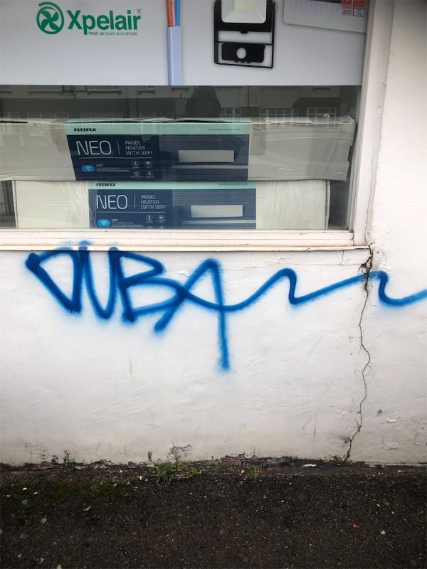 QVC 415-421 Bromley Road. Remove graffiti from front wall-Priceless Carpets, Ground Floor Unit, 421 Bromley Road, London, BR1 4PJ