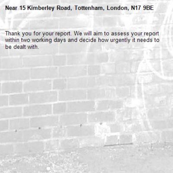 Thank you for your report. We will aim to assess your report within two working days and decide how urgently it needs to be dealt with.-15 Kimberley Road, Tottenham, London, N17 9BE