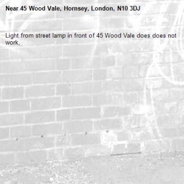 Light from street lamp in front of 45 Wood Vale does does not work,-45 Wood Vale, Hornsey, London, N10 3DJ