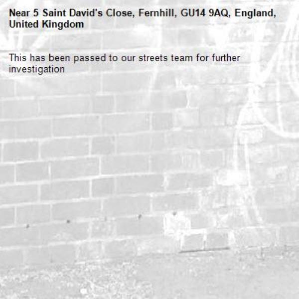 This has been passed to our streets team for further investigation-5 Saint David's Close, Fernhill, GU14 9AQ, England, United Kingdom