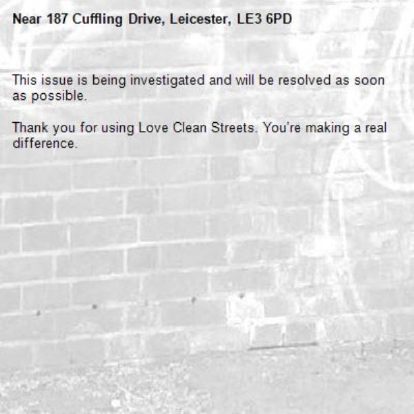 This issue is being investigated and will be resolved as soon as possible.

Thank you for using Love Clean Streets. You’re making a real difference.
-187 Cuffling Drive, Leicester, LE3 6PD