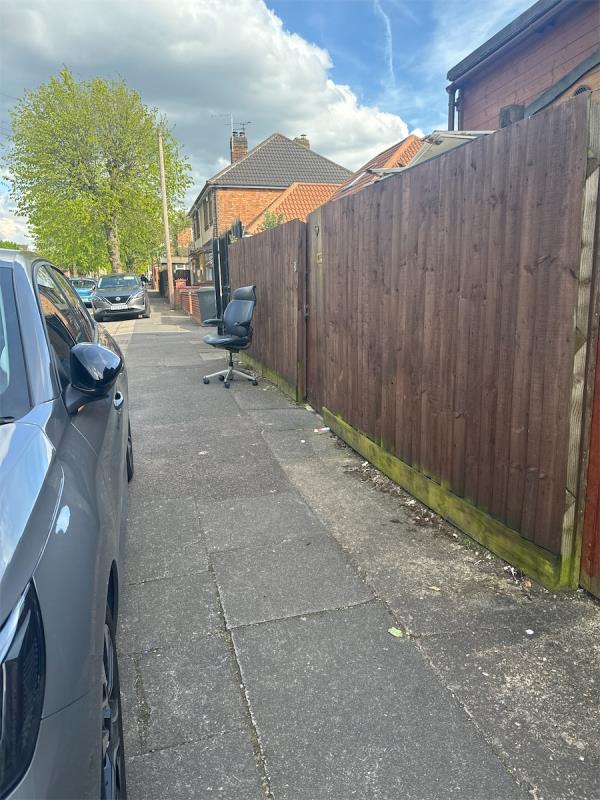 There is a lot of fly tipping done to this place, although there is only one chair for now, usually someone puts a lot of rubbish here -3 Hampden Road, Leicester, LE4 9EN