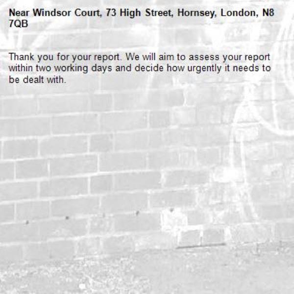 Thank you for your report. We will aim to assess your report within two working days and decide how urgently it needs to be dealt with.-Windsor Court, 73 High Street, Hornsey, London, N8 7QB
