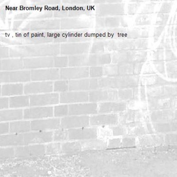 tv , tin of paint, large cylinder dumped by  tree-Bromley Road, London, UK