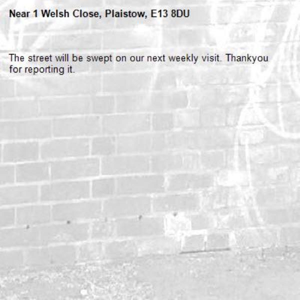 The street will be swept on our next weekly visit. Thankyou for reporting it.-1 Welsh Close, Plaistow, E13 8DU
