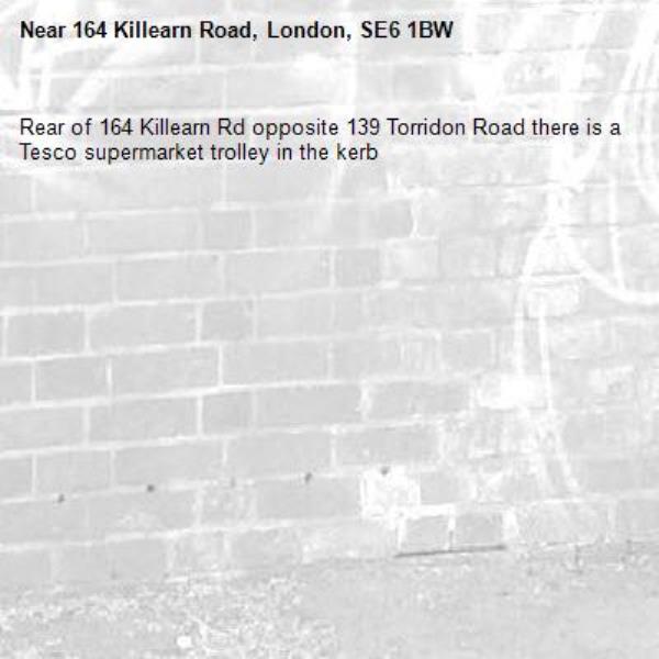 Rear of 164 Killearn Rd opposite 139 Torridon Road there is a Tesco supermarket trolley in the kerb -164 Killearn Road, London, SE6 1BW