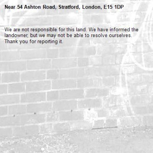 We are not responsible for this land. We have informed the landowner, but we may not be able to resolve ourselves. Thank you for reporting it.-54 Ashton Road, Stratford, London, E15 1DP