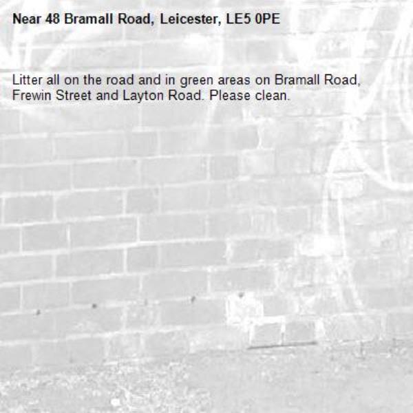 Litter all on the road and in green areas on Bramall Road, Frewin Street and Layton Road. Please clean.-48 Bramall Road, Leicester, LE5 0PE