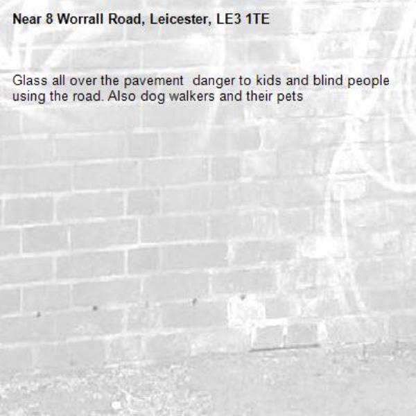 Glass all over the pavement  danger to kids and blind people using the road. Also dog walkers and their pets-8 Worrall Road, Leicester, LE3 1TE