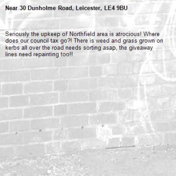 Seriously the upkeep of Northfield area is atrocious! Where does our council tax go?! There is weed and grass grown on kerbs all over the road needs sorting asap, the giveaway lines need repainting too!!-30 Dunholme Road, Leicester, LE4 9BU