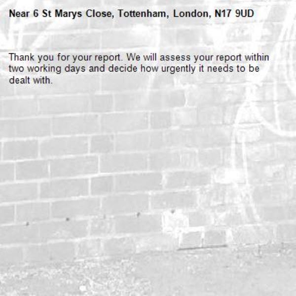 Thank you for your report. We will assess your report within two working days and decide how urgently it needs to be dealt with.-6 St Marys Close, Tottenham, London, N17 9UD