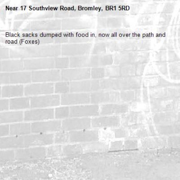 Black sacks dumped with food in, now all over the path and road (Foxes) -17 Southview Road, Bromley, BR1 5RD