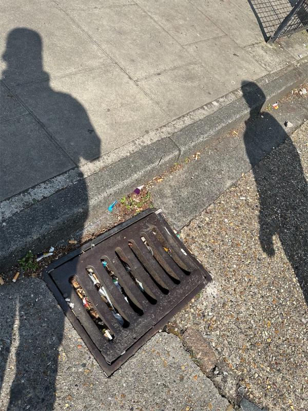 Blocked gully full of rubbish 
please clear thanks -81 Crescent Road, East Ham, London, E6 1EB