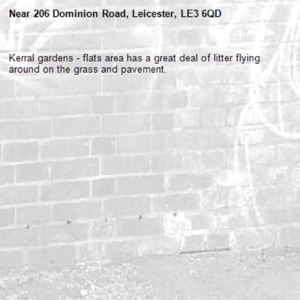 Kerral gardens - flats area has a great deal of litter flying around on the grass and pavement.-206 Dominion Road, Leicester, LE3 6QD