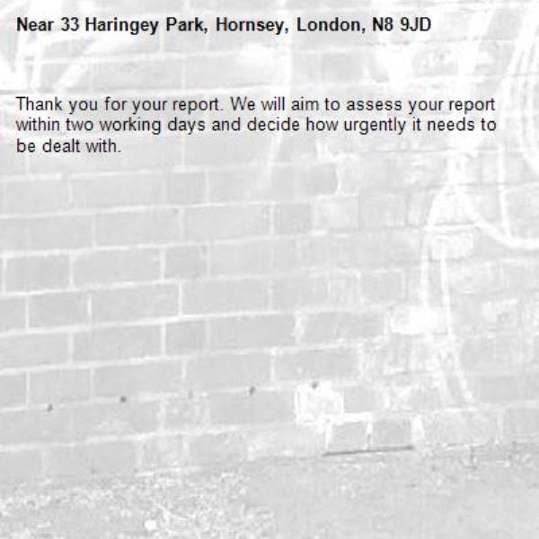 Thank you for your report. We will aim to assess your report within two working days and decide how urgently it needs to be dealt with.-33 Haringey Park, Hornsey, London, N8 9JD
