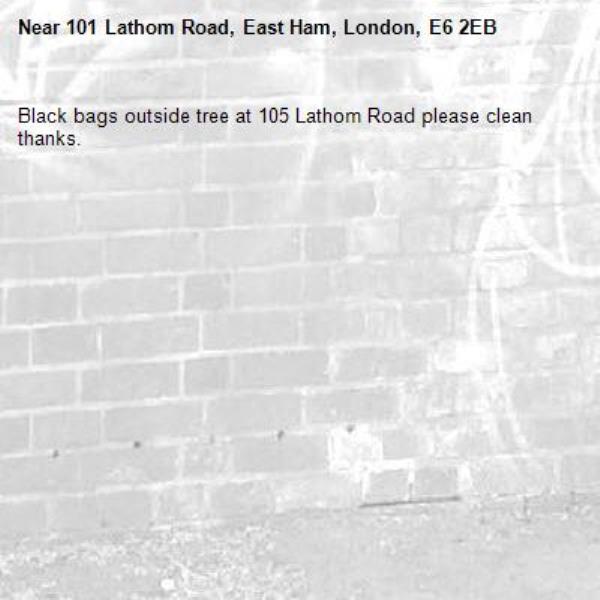 Black bags outside tree at 105 Lathom Road please clean thanks.-101 Lathom Road, East Ham, London, E6 2EB