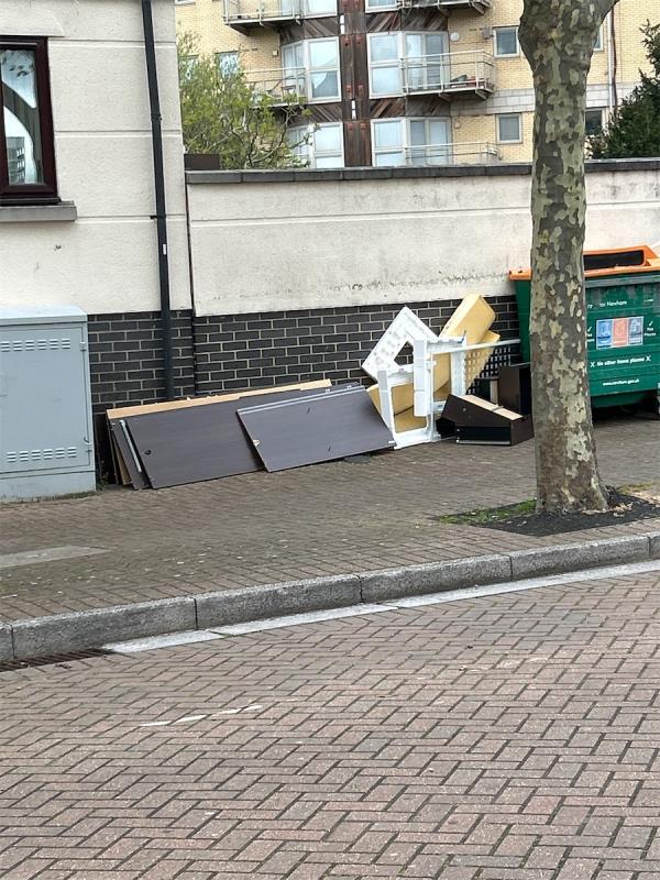 Broken furniture by the recycling bins-1 North Lodge, 17 Wesley Avenue, Silvertown, London, E16 1TD