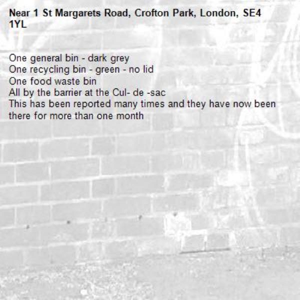 One general bin - dark grey
One recycling bin - green - no lid
One food waste bin
All by the barrier at the Cul- de -sac 
This has been reported many times and they have now been there for more than one month-1 St Margarets Road, Crofton Park, London, SE4 1YL
